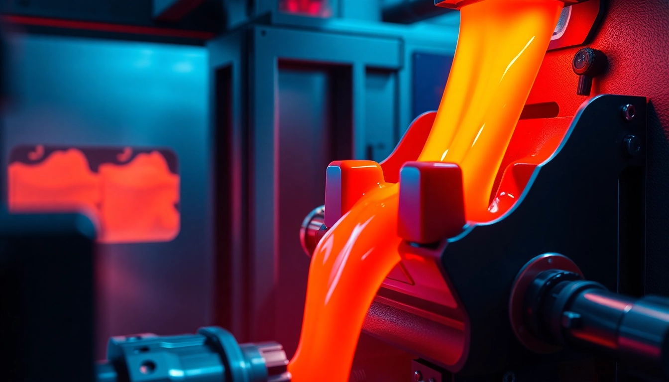 Injection molding process showcasing molten plastic being injected into a detailed mold.