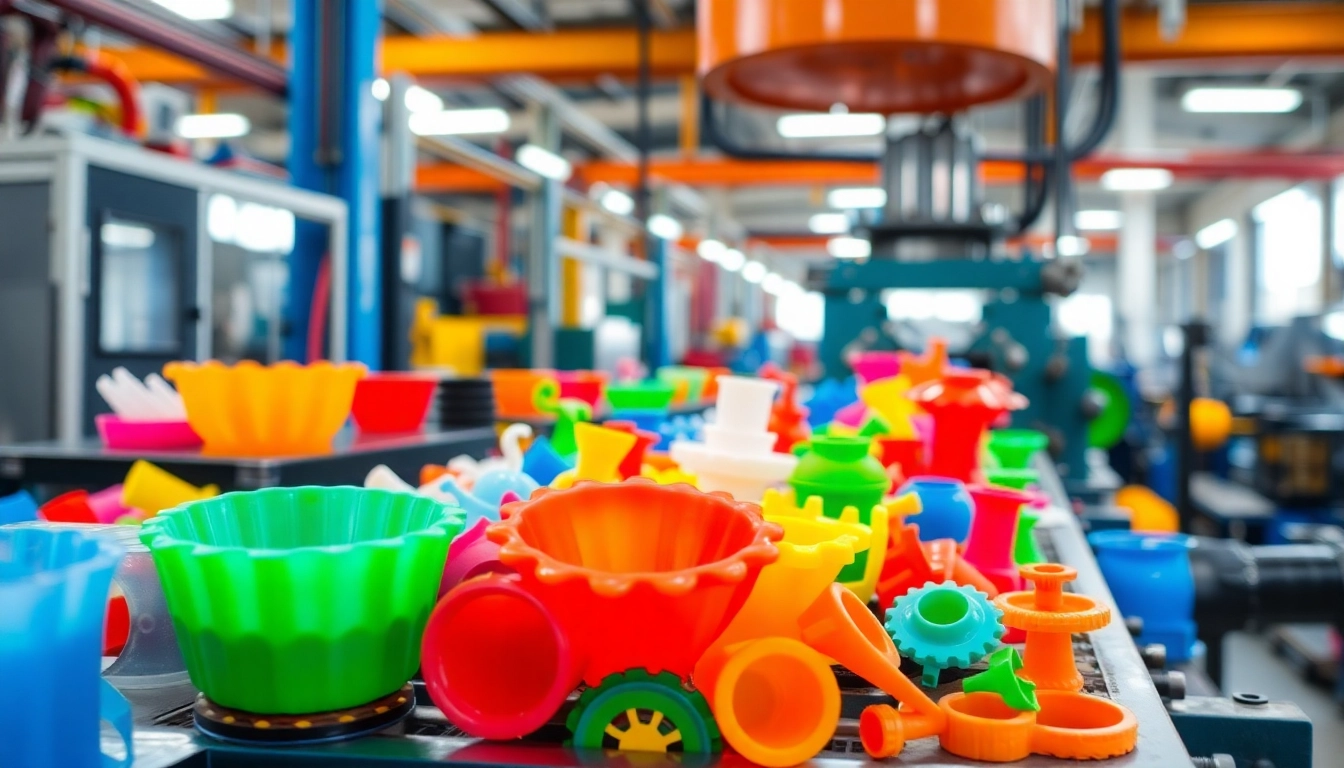 Manufactured blow moulded plastic parts showcased in a dynamic factory setting.