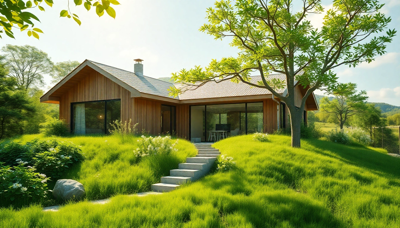 Showing an ecological habitat showcasing a sustainable house made from natural materials surrounded by greenery.