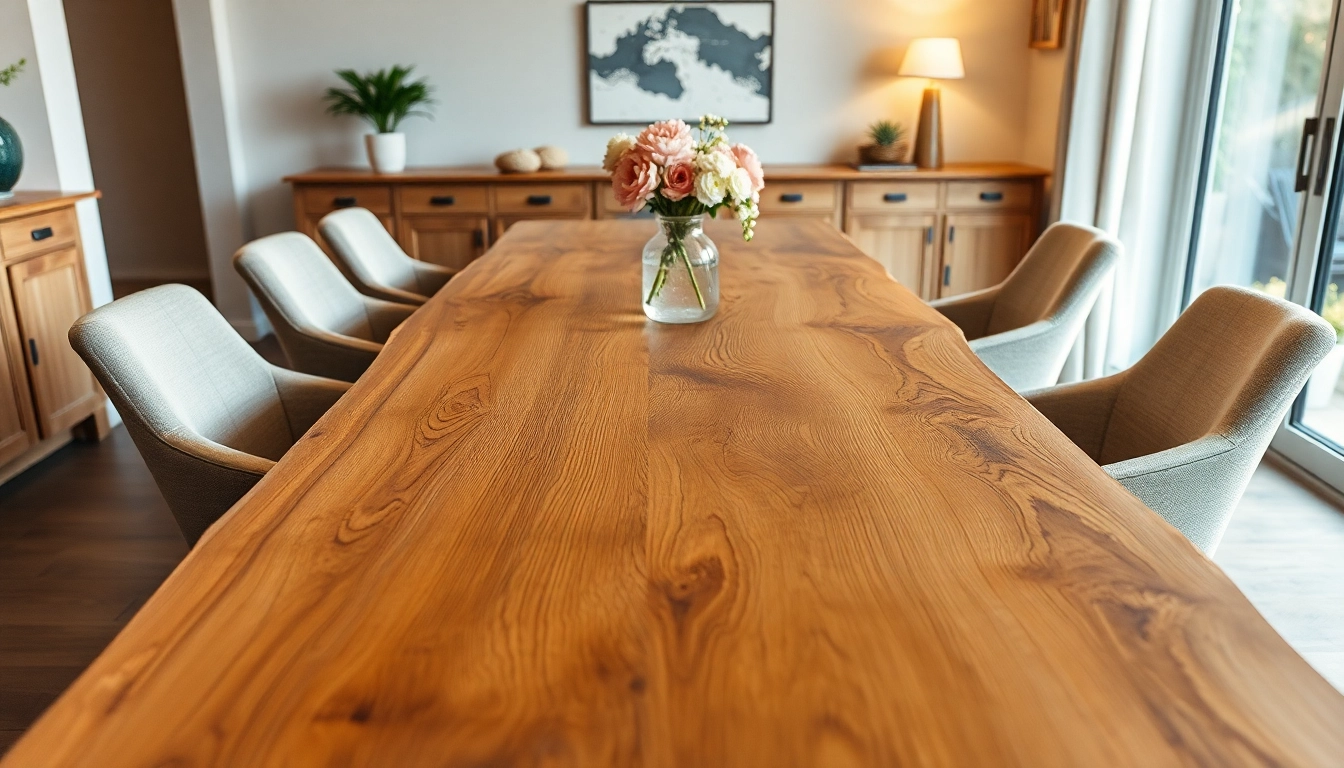Admire the beautiful Esstisch Eiche with live edge, showcasing natural oak grain and a warm inviting atmosphere.