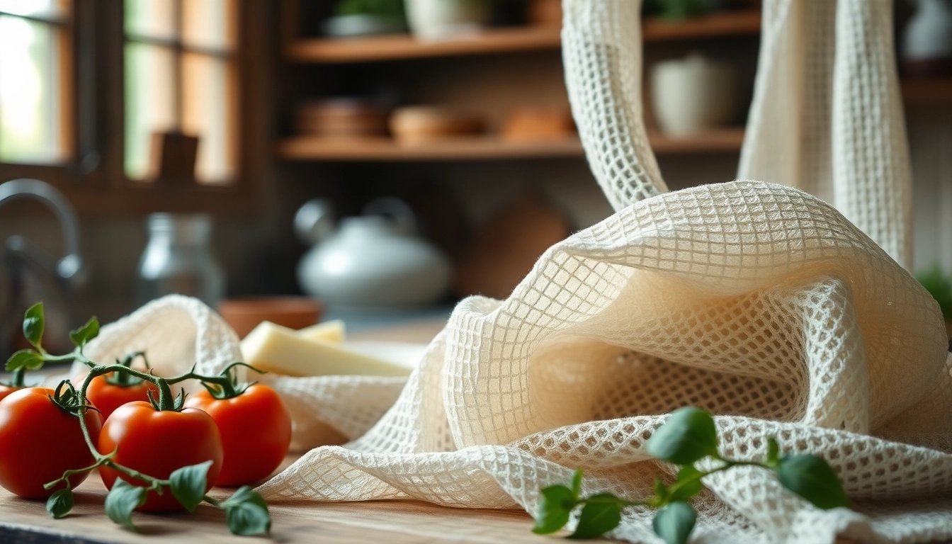 Gebruik van kaasdoek in een gezellige keuken, met verse ingrediënten eromheen.