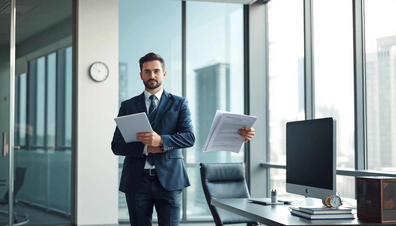Process server expertly managing legal documents in a modern office environment.