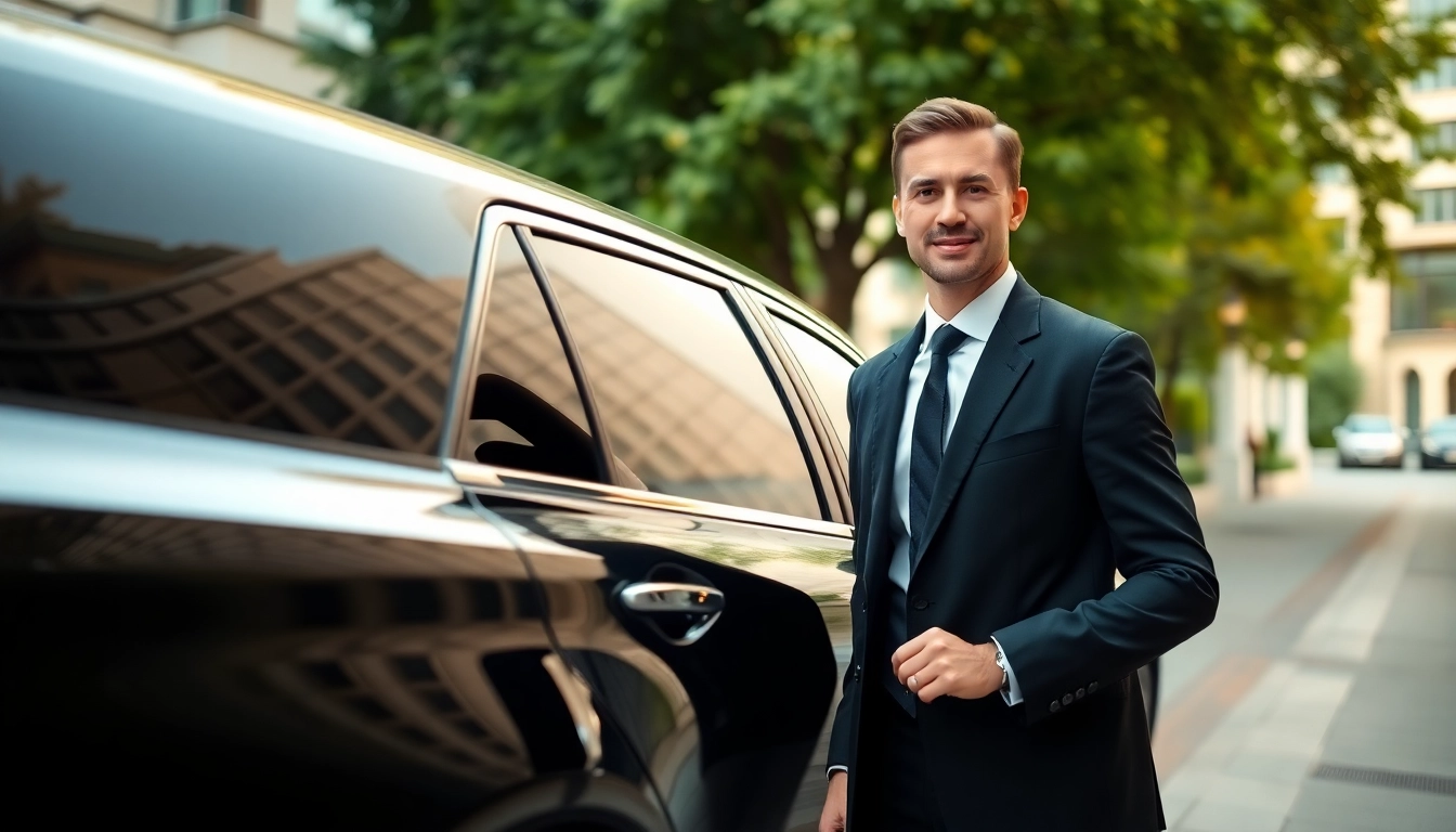 Experience vip chauffeur service with a professional chauffeur by a luxury sedan in an elegant city.