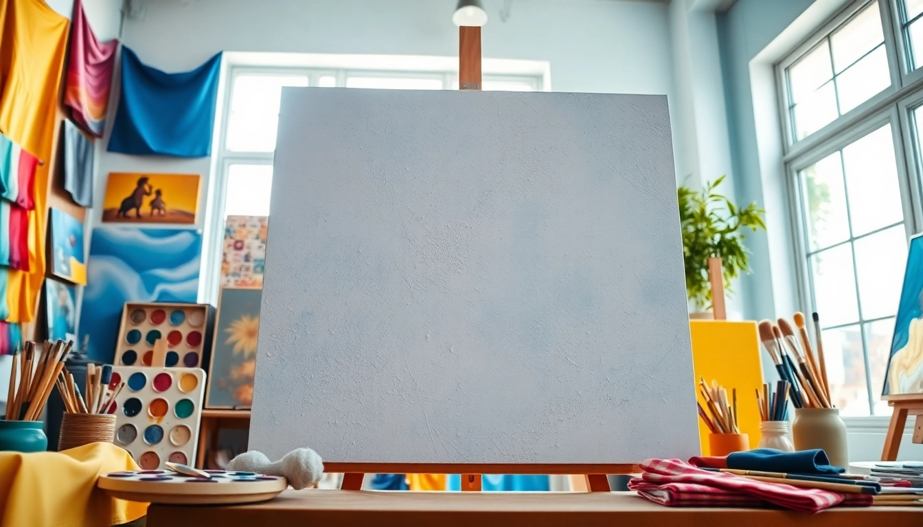 Verken een canvas met creatieve details, verf en kwasten in een kunststudio.