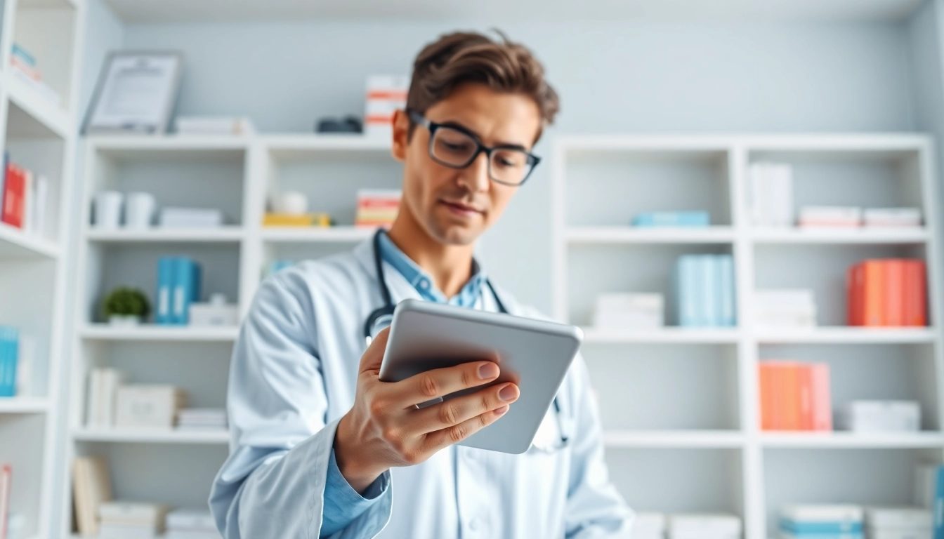 Healthcare provider using the best eprescription apps on a tablet in a bright clinic.