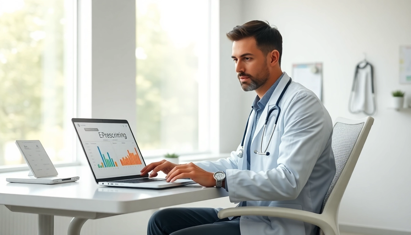 Evaluate eprescribing software reviews featuring a healthcare professional in a modern clinic setup.