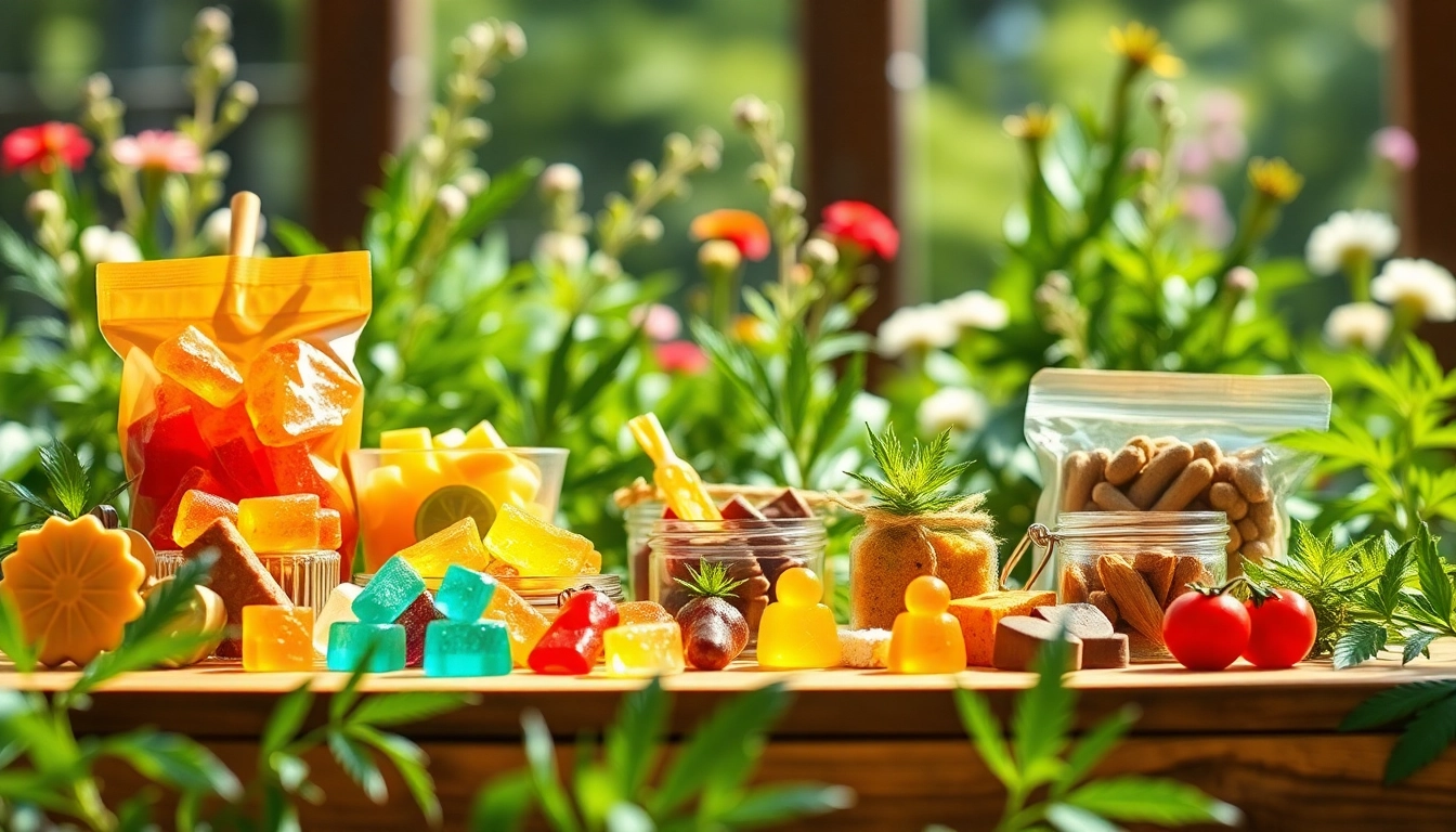 Showcase of diverse wholesale cbd edibles on a rustic table highlighting vibrant colors and natural textures.